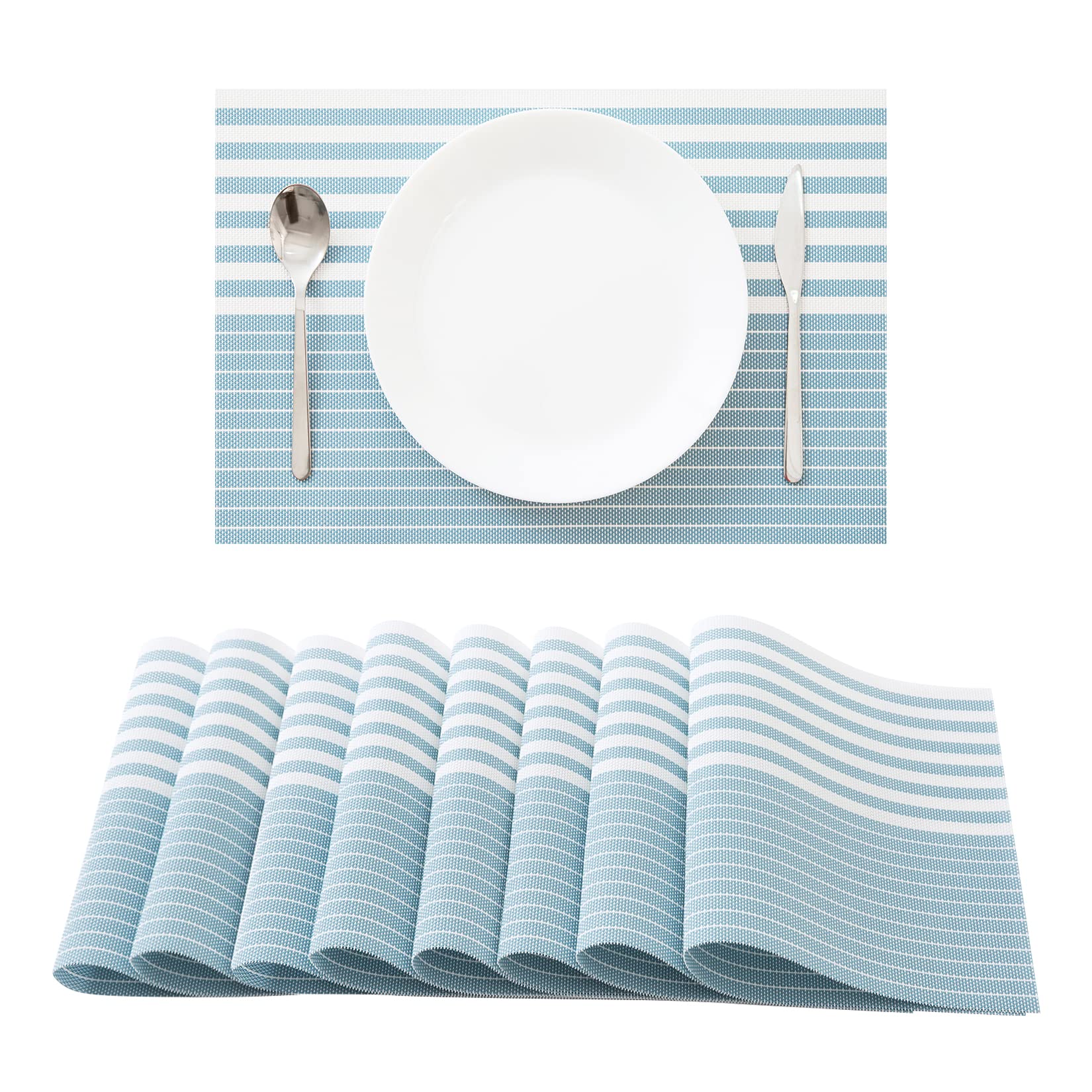 8-Pack Non-Slip Heat Resistant Waterproof PVC Placemats - Washable Durable Table Mats with Stripe Blue Design for Dining Table, Kitchen, and Party Decor