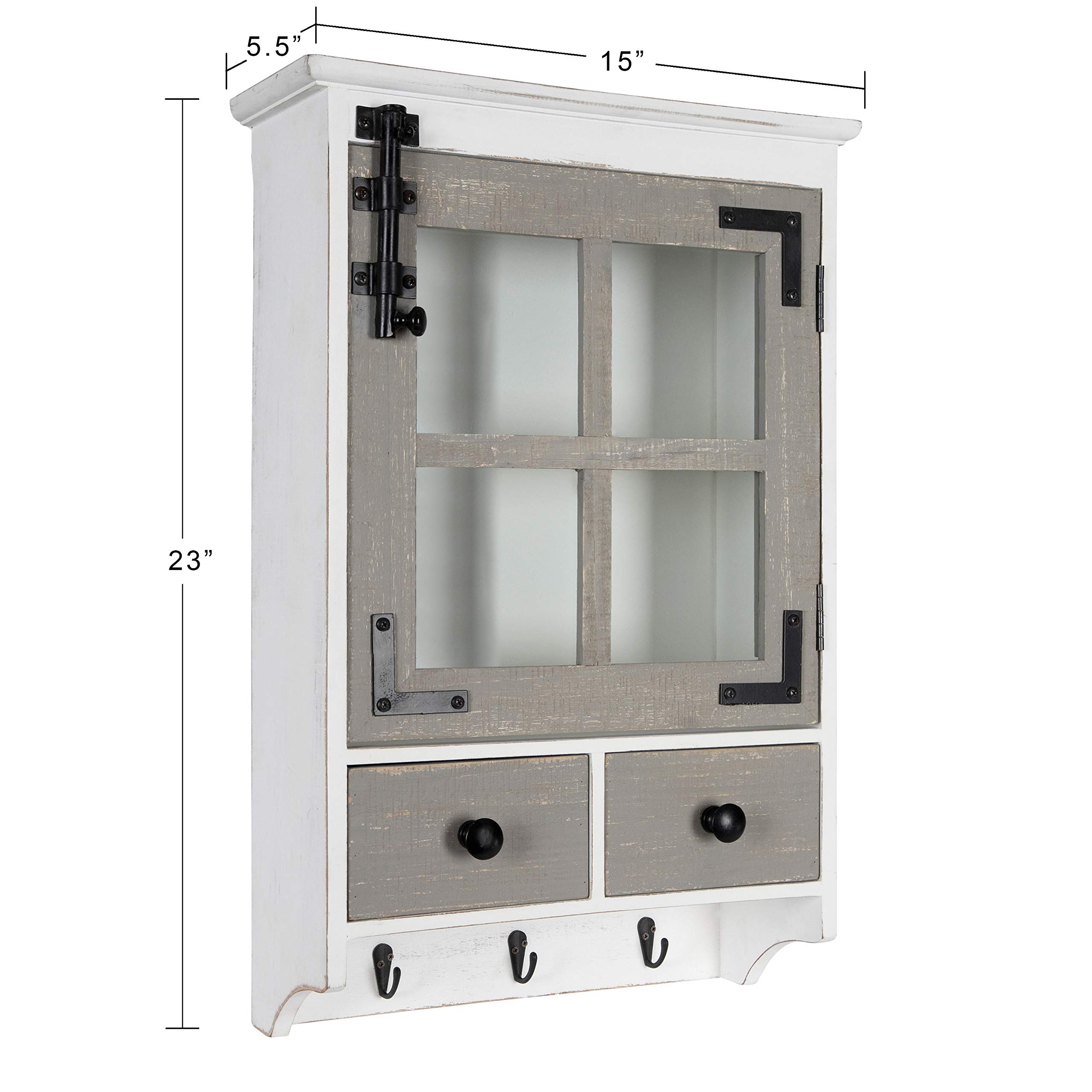 Kate & Laurel Hutchins Farmhouse Wall Cabinet - White & Gray Wooden Storage with Glass Door & 2 Drawers | Rustic Home Decor for Kitchen, Bathroom or Entryway Organization
