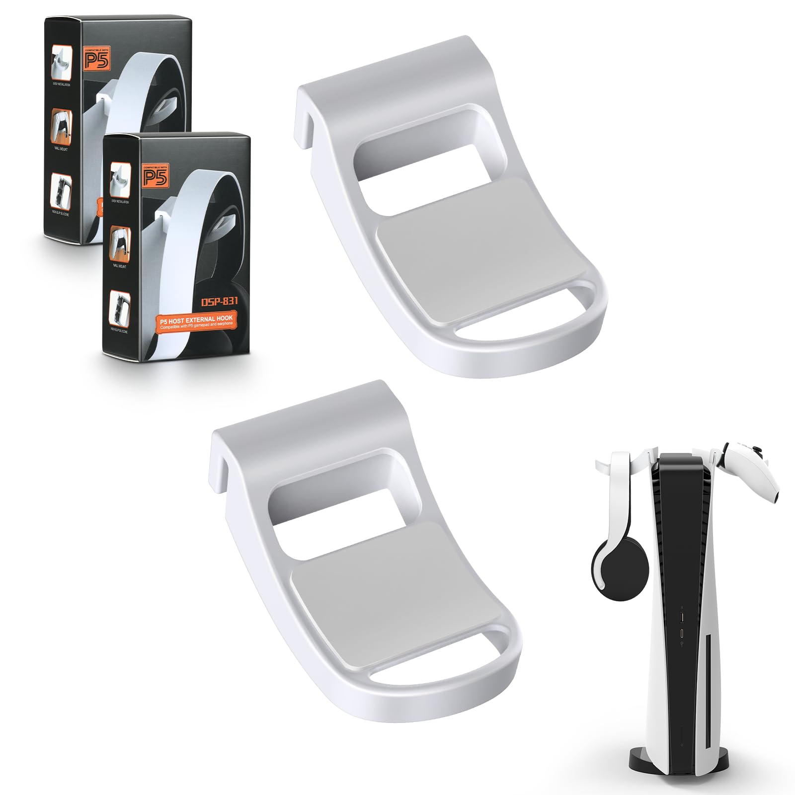2-Pack Multi-Purpose Hook Stands for PS5 Console - Headset & Controller Holder with VR/Headphone Storage - Perfect for Gaming Setup & Organized Playstation Accessories