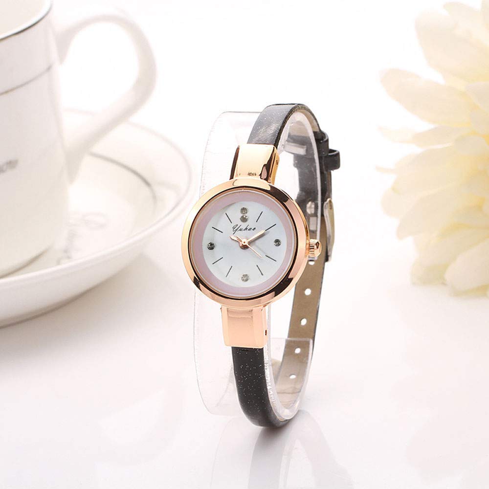 Elegant Round Analog Women's Black Quartz Fashion Wristwatch with Leather Strap - Stylish Bracelet Watch for Women & Men - Perfect for Office, Party, and Everyday Wear
