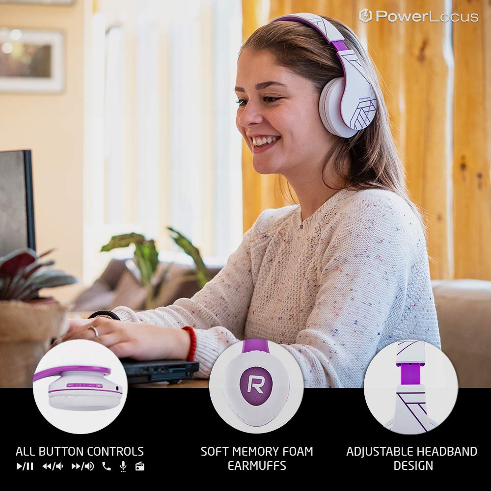 PowerLocus Bluetooth Over-Ear Headphones - Wireless & Wired Stereo Headset with Built-in Mic, Foldable Design, Micro SD/TF & FM Radio - Compatible with iPhone, Samsung, iPad, PC (White/Violet) - Perfect for Travel, Workouts & Home Entertainment