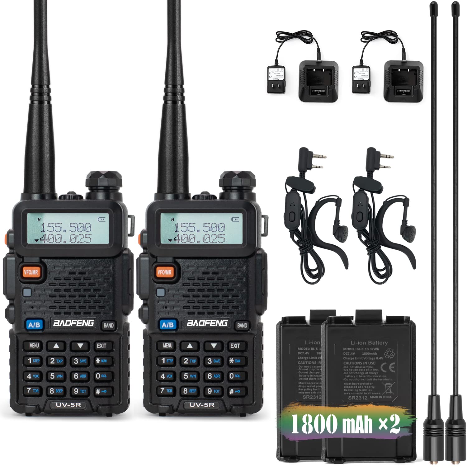 BAOFENG UV-5R Dual Band Ham Radio Walkie Talkie - Long Range Two Way Radio with High Gain Antenna, 2 Rechargeable Batteries & Earpiece - Ideal for Outdoor Adventures, Emergency Communication, and Construction Sites (2 Pack)