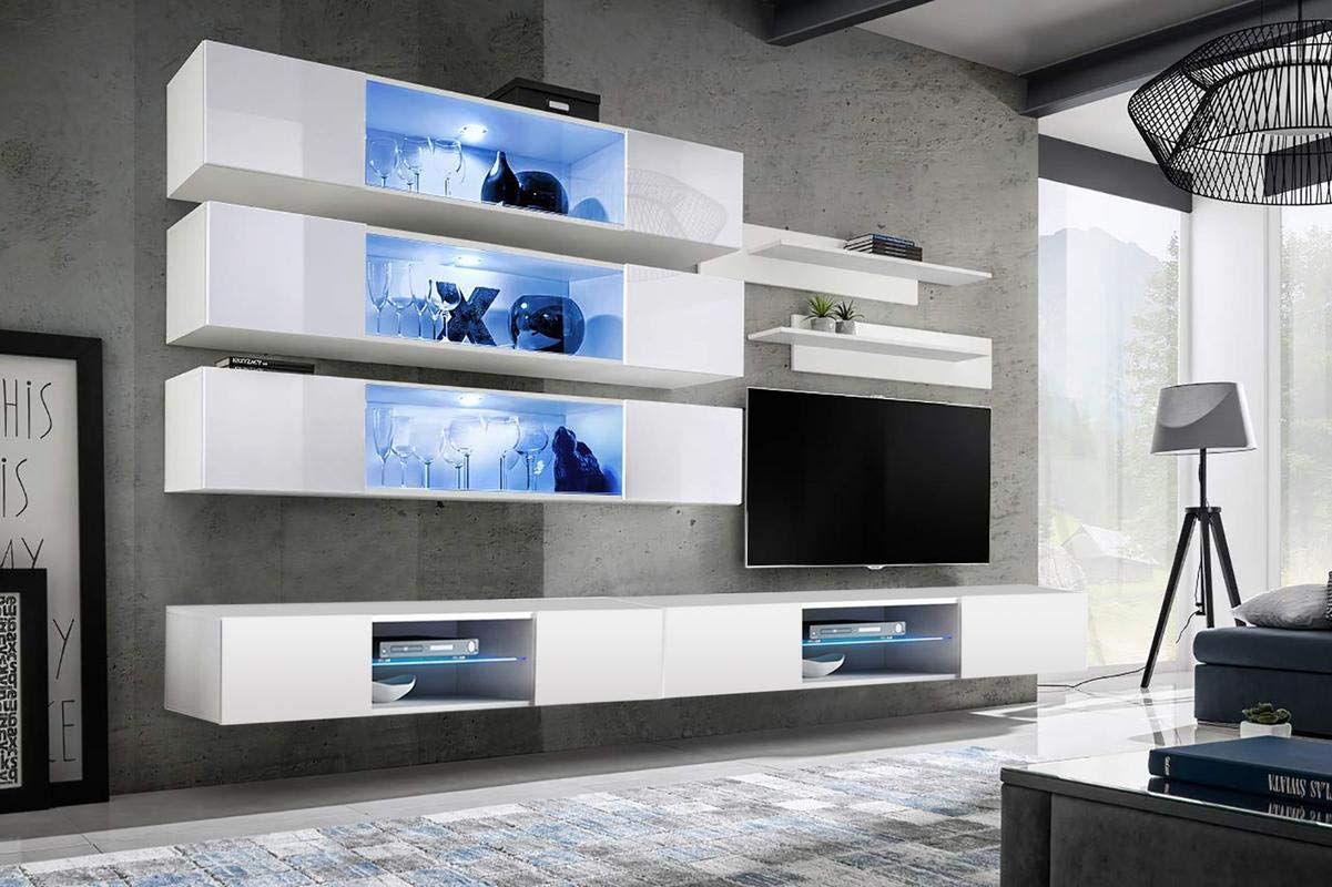 Modern Wall-Mounted TV Stand with Storage Shelves & LED Lights - 33