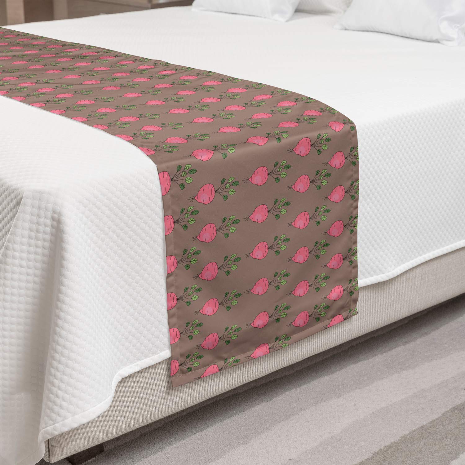 Ambesonne Vegetable Bed Runner - Hand Drawn Turnip Pattern with Horizontally Aligned Root Vegetables - Decorative Accent Bedding Scarf for Hotels, Homes & Guestrooms in Warm Taupe Green - Perfect for Farmhouse Decor, Rustic Bedroom Styling & Cozy Home Accents