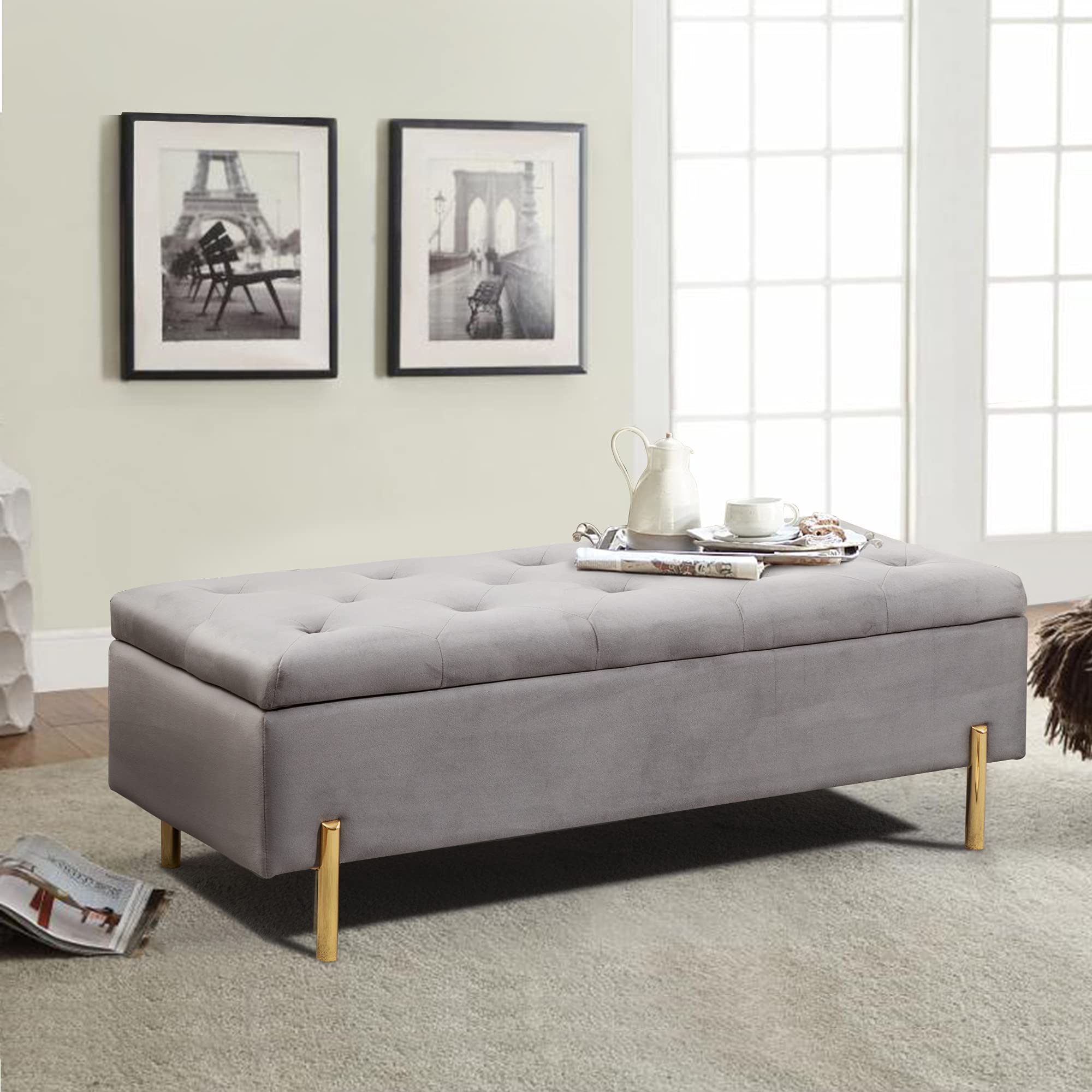 Velvet Upholstered Storage Bench with Metal Legs - Entryway, Bedroom & Living Room Bench - Gray - Perfect for Small Spaces, Shoe Storage & Extra Seating