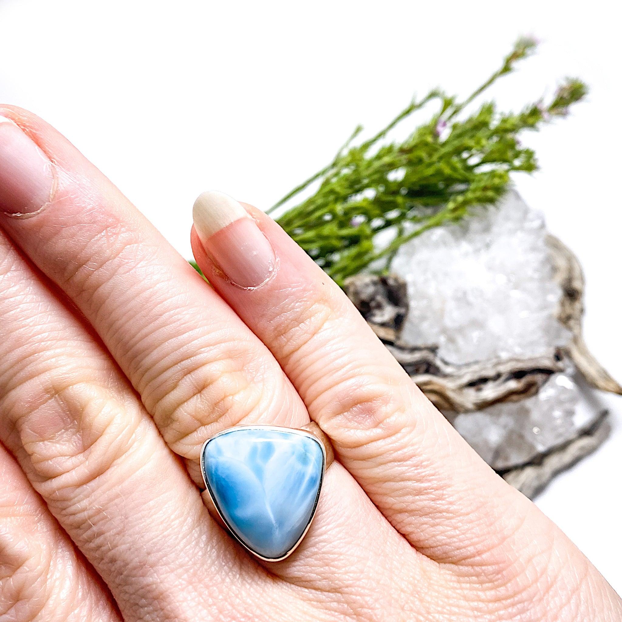 Larimar Sterling Silver Cabochon Ring Size 9 - Handmade Gemstone Jewelry for Women, Perfect for Gifts, Weddings & Everyday Wear KRGJ1396