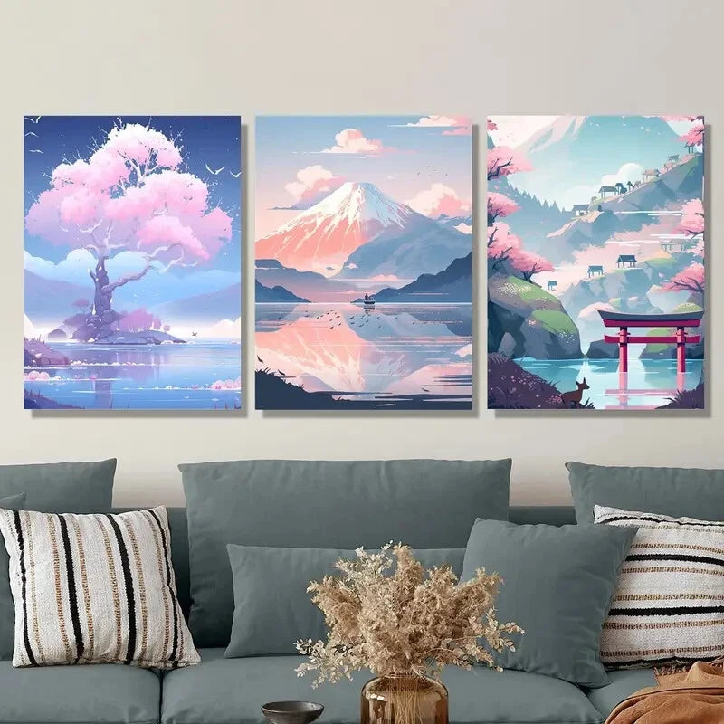 3-Piece Pink Trees by the Lake Cherry Blossoms Metal Wall Art - Ready to Hang, Nature-Inspired Home Decor for Living Room, Bedroom & Office