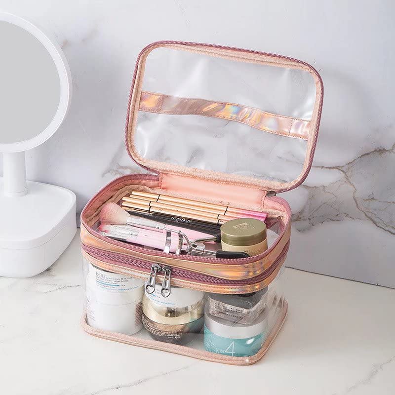 Clear PVC Makeup Bag - Waterproof Double Layer Cosmetic Organizer for Travel & Toiletry Storage