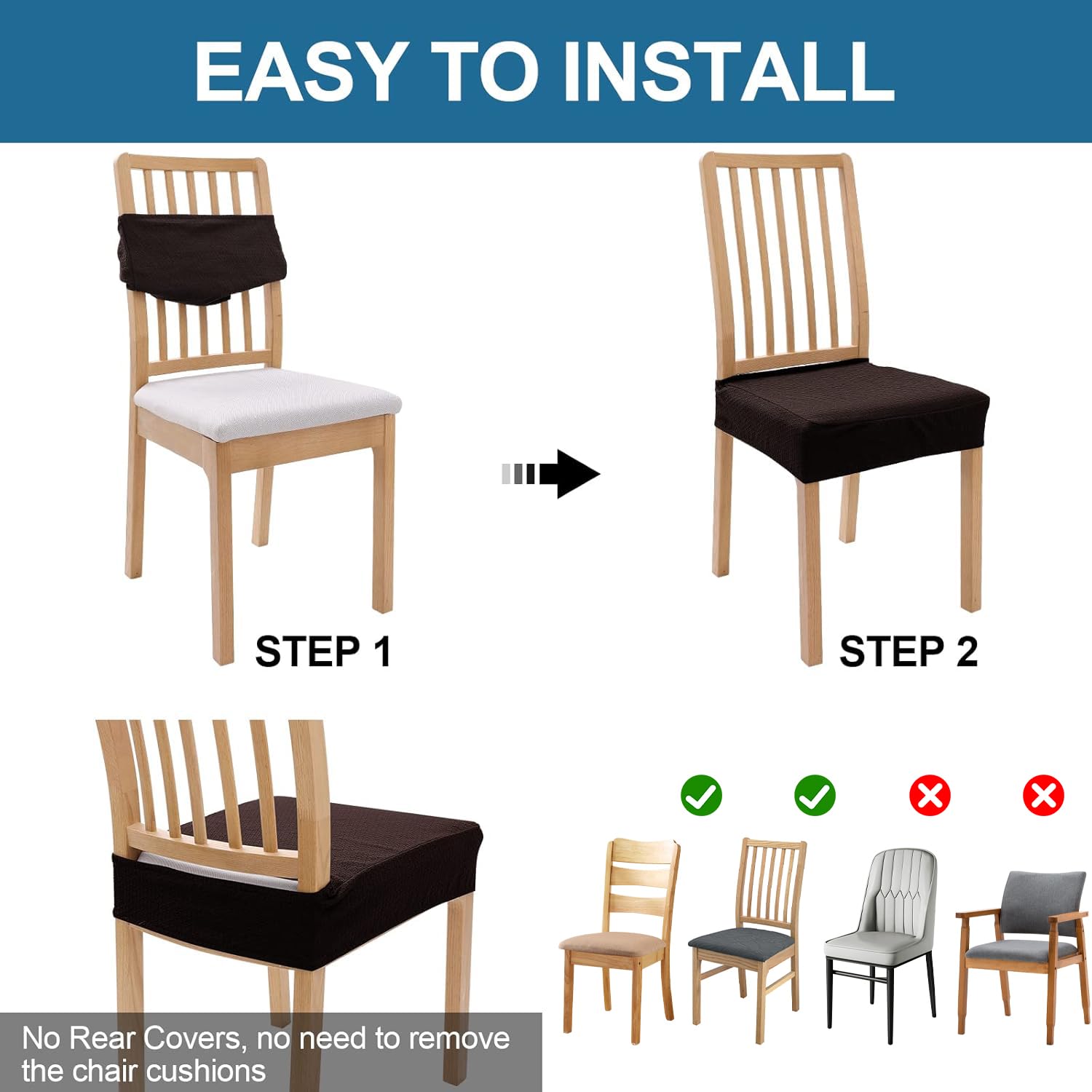 Smiry Waterproof Dining Room Chair Covers Set of 6 - Stretch Jacquard Washable Seat Slipcovers Protector (Brown, No Rear Covers) | Perfect for Family Meals, Dinner Parties & Home Decor Protection