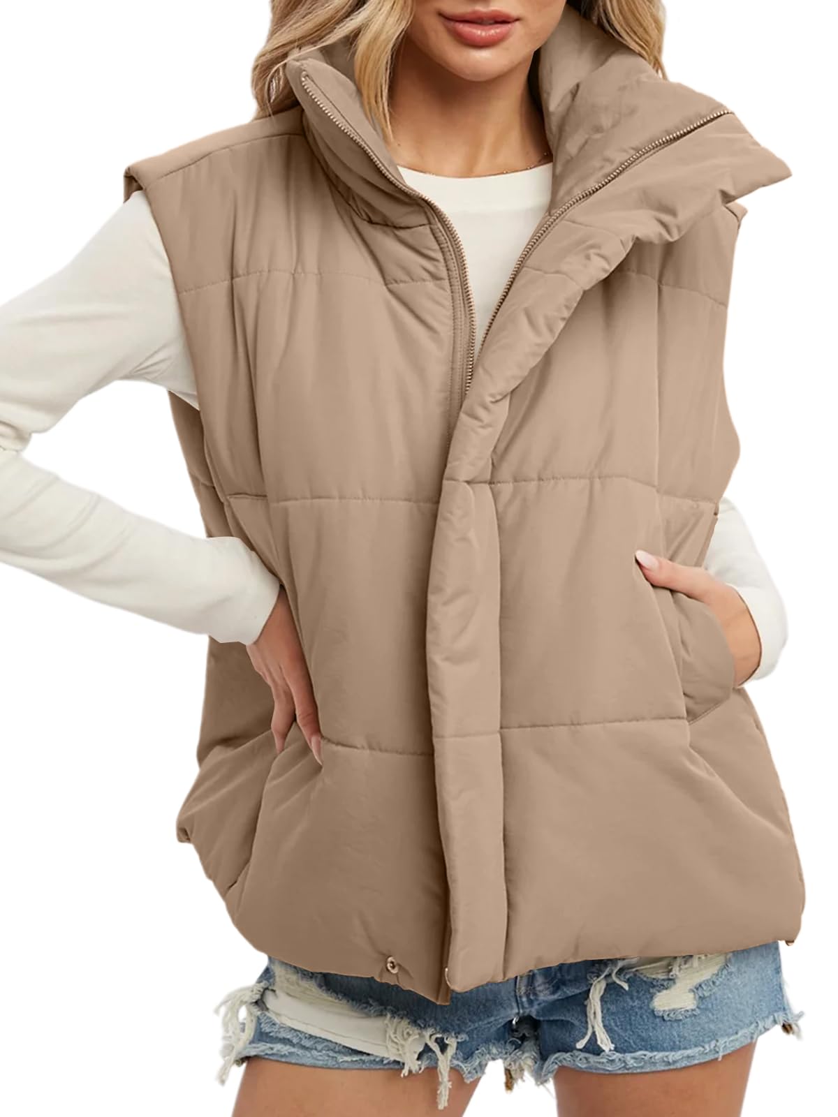 Fazortev Women's Oversized Puffer Vest - Zip Up Stand Collar Sleeveless Padded Jacket Coat for Winter Outdoor Activities, Hiking & Casual Wear