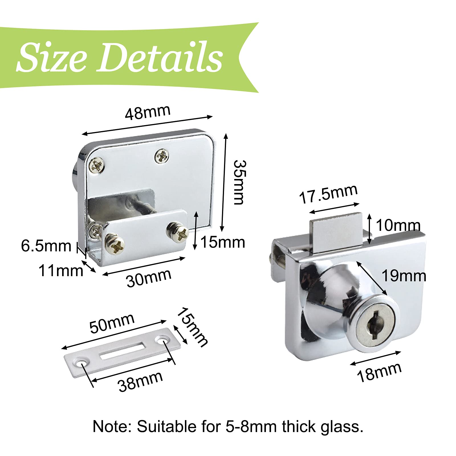 2Pcs Zinc Alloy Glass Door Lock with Key - Double Latch Cabinet Lock for 5-8mm Thick Glass Doors (Silver) - Perfect for Office Cabinets, Display Cases & Glass Entry Doors