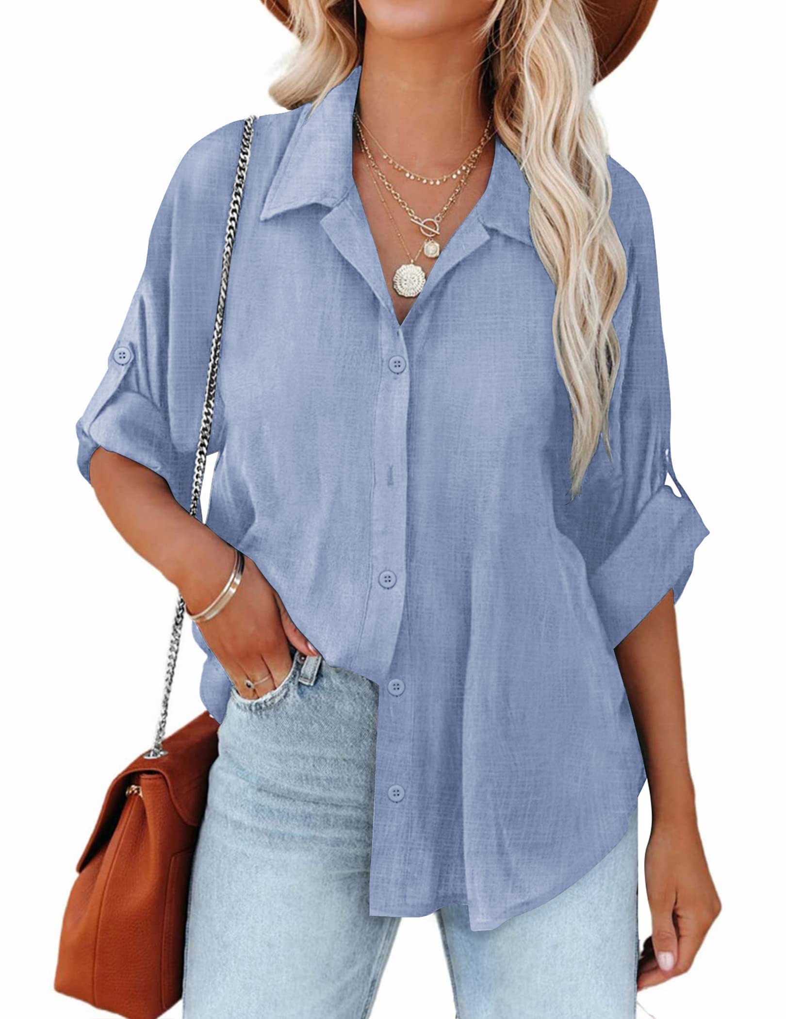 Hotouch Women's Cotton Linen Shirt - Roll-Up Sleeve Button Down Collared Blouse | Summer Casual Long Sleeve Loose Fit Solid Top | Perfect for Office, Travel & Everyday Wear