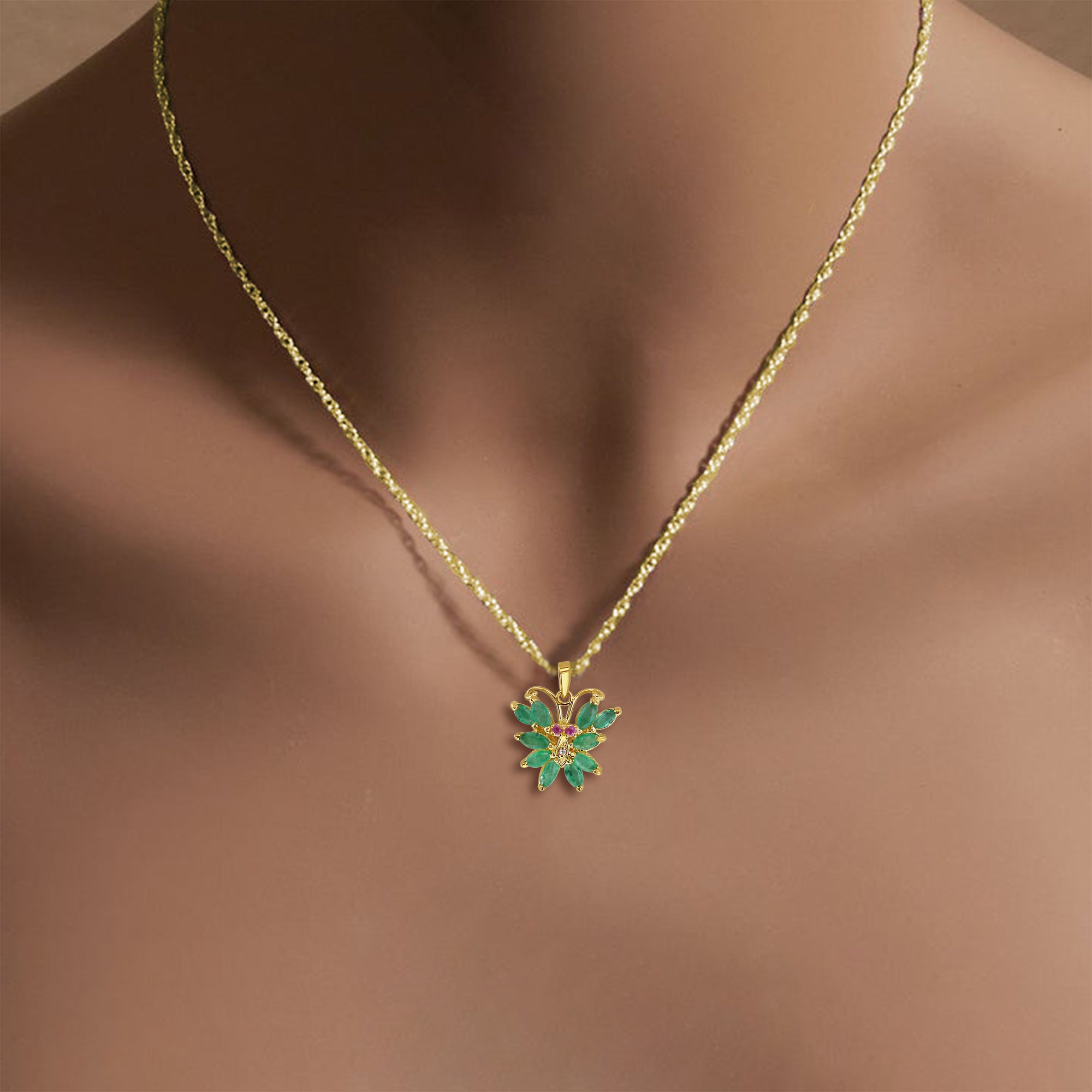 Butterfly Shaped Emerald & Ruby Necklace - Elegant 14K Gold Plated Jewelry for Women, Perfect Gift for Birthday, Anniversary & Valentine's Day | Wedding, Party & Special Occasion Accessory