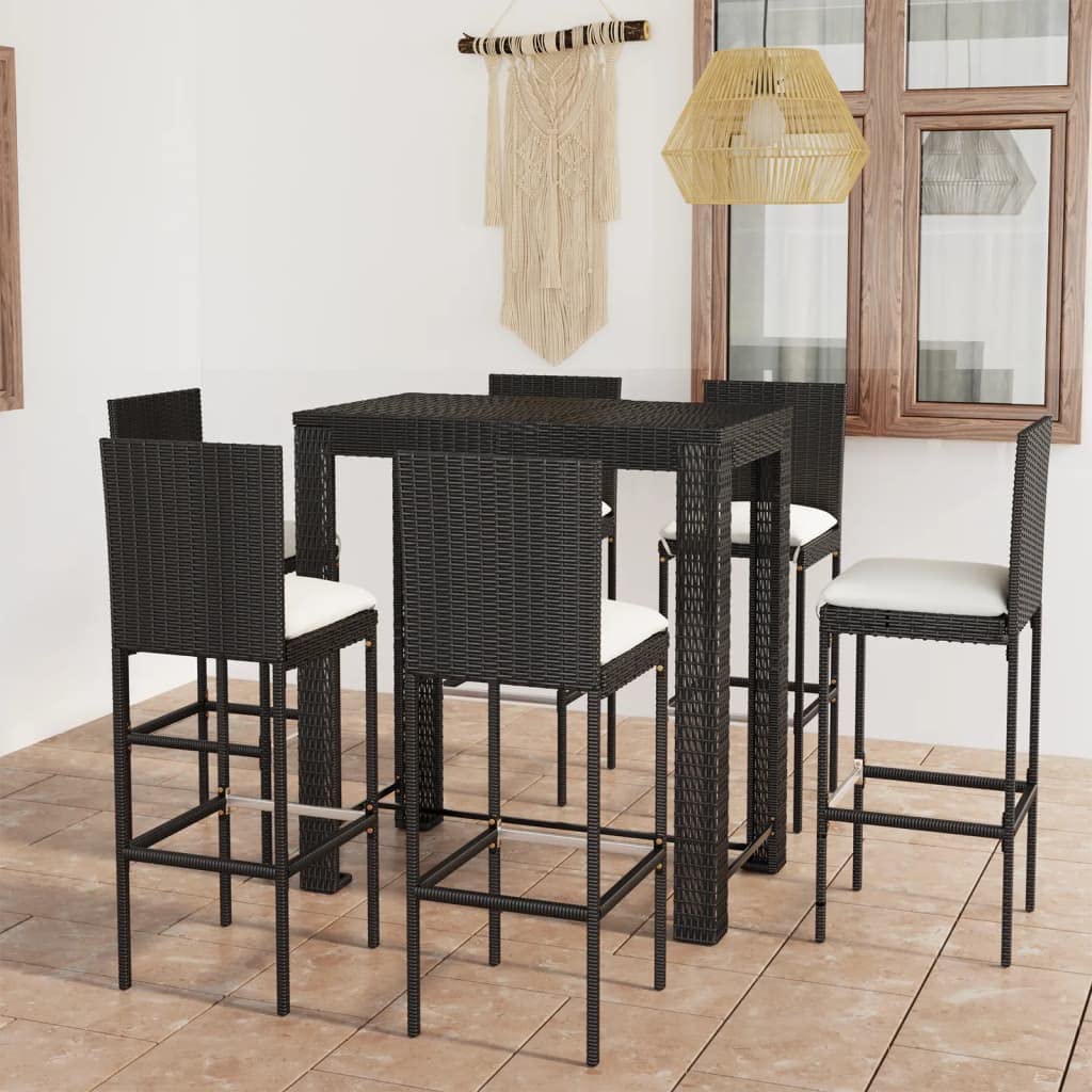 CHARMMA 7-Piece Outdoor Patio Bar Set with Weather-Resistant Cushions - Black Poly Rattan Dining Furniture (45.6KG) - Perfect for Backyard, Deck, Poolside & Garden Entertaining