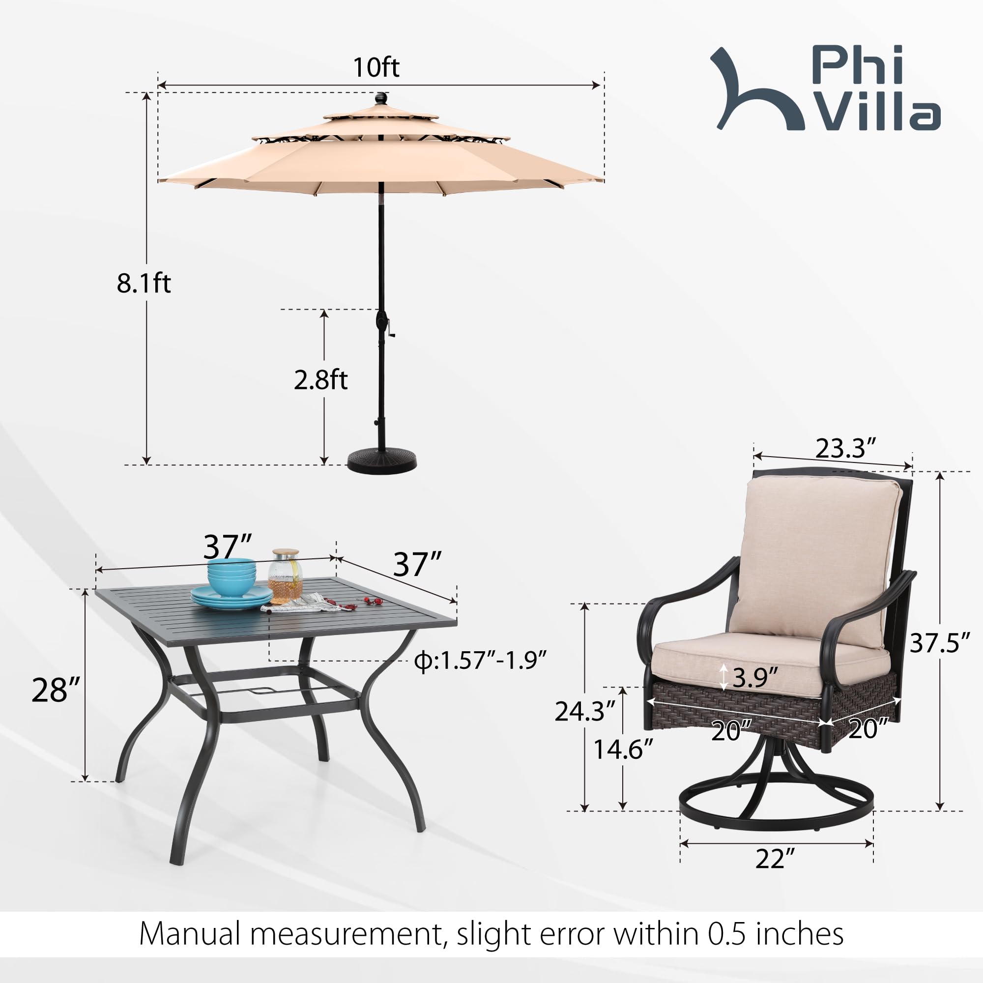 PHI VILLA 6-Piece All-Weather Outdoor Dining Set - Heavy Duty Square Patio Table with 4 XL Swivel Chairs & Thick Cushions - Includes Umbrella - Perfect for Backyard, Deck, Garden & Poolside Entertaining