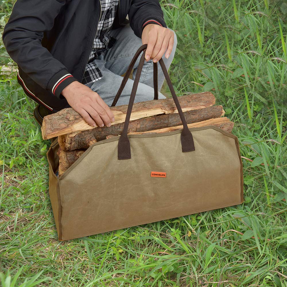 Heavy Duty Waxed Canvas Firewood Log Carrier Tote Bag - Large Wood Carrying Bag for Fireplace, Camping, Wood Stove & Cabin - Indoor/Outdoor Use with Reinforced Handles & Stain Resistant Finish - Perfect for Firewood Storage, Camping Trips & Cozy Cabin Nights