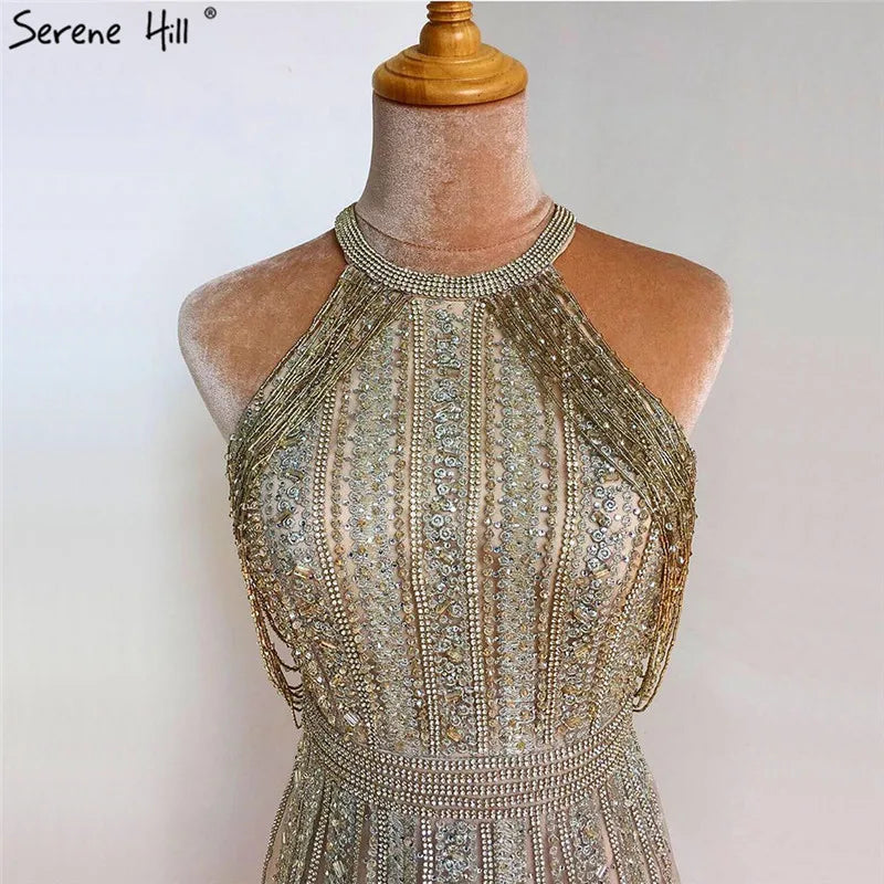 Luxury Dubai Arabic A-Line Gold Beaded Tassel Evening Dress for Women - Elegant Formal Gown for Wedding, Party & Special Occasions - Serene Hill Collection 2025 LA70357 | Perfect for Red Carpet Events, Galas & Bridal Showers