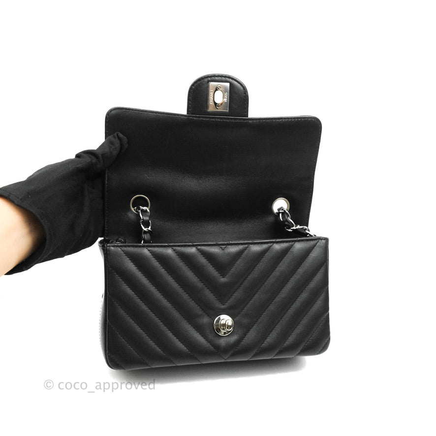 Chanel Chevron Mini Rectangular Flap Bag in Black Lambskin Leather with Silver Hardware - Perfect for Evening Events & Luxury Fashion Accessories