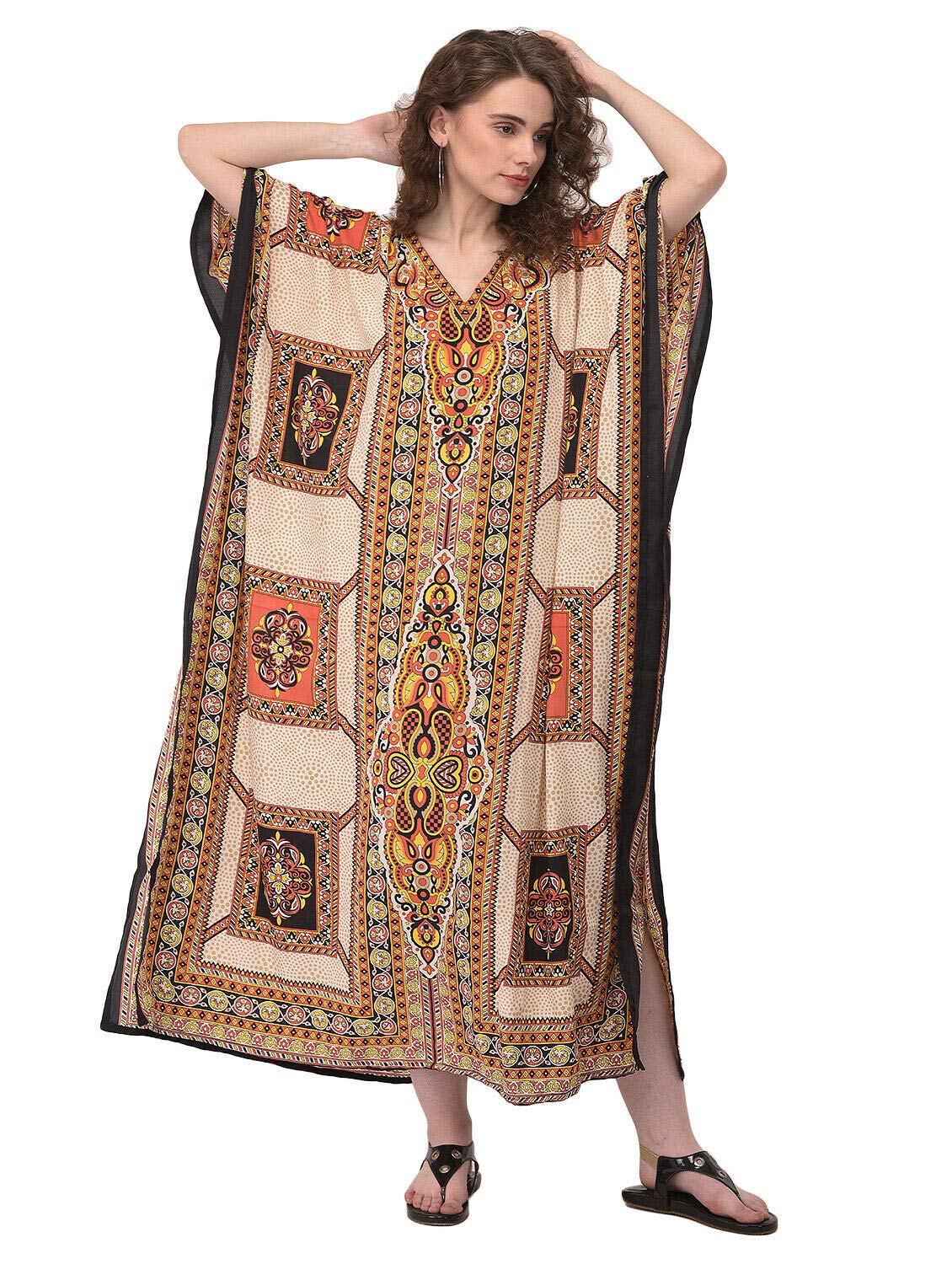 Gypsie Blu Women's Long Printed Kaftan Kimono Maxi Dress - Plus Size Boho Beach Cover Up & Evening Gown for Summer Vacation, Pool Party & Resort Wear
