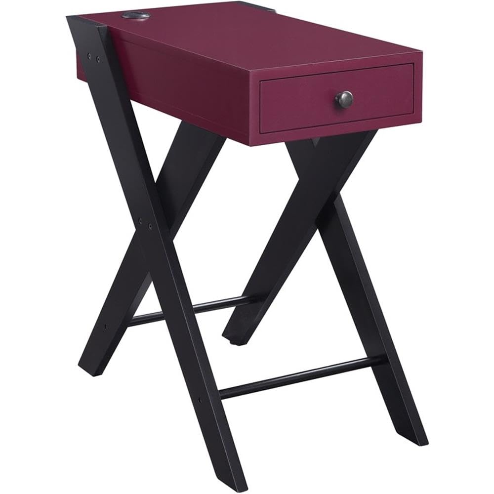 BOWERY HILL Modern Side Table with USB Charging Port - Burgundy & Black Nightstand for Bedroom, Living Room & Office