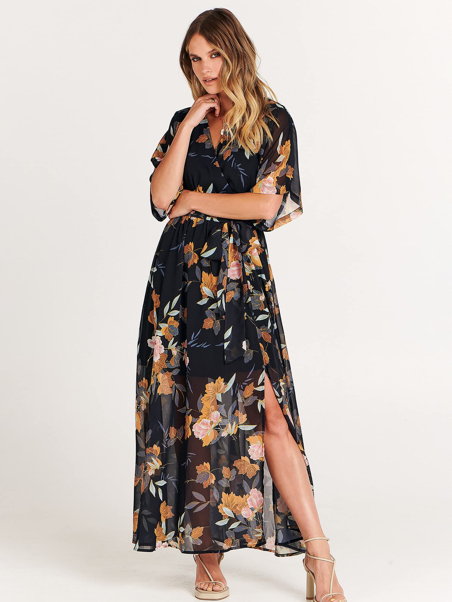 ANRABESS Women's Floral Print Boho Maxi Dress - Loose Wrap V-Neck 3/4 Sleeve Beach Wedding Guest Long Dress for Summer 2024 | Perfect for Vacations, Parties & Casual Outings