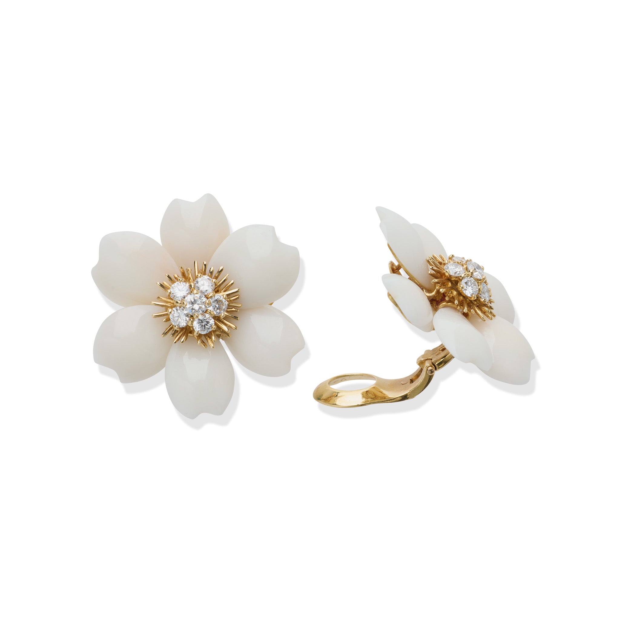 Van Cleef & Arpels Rose de Noël White Coral Clip Earrings - Luxury Christmas Rose Flower Jewelry for Women, Perfect for Holiday Parties & Special Occasions