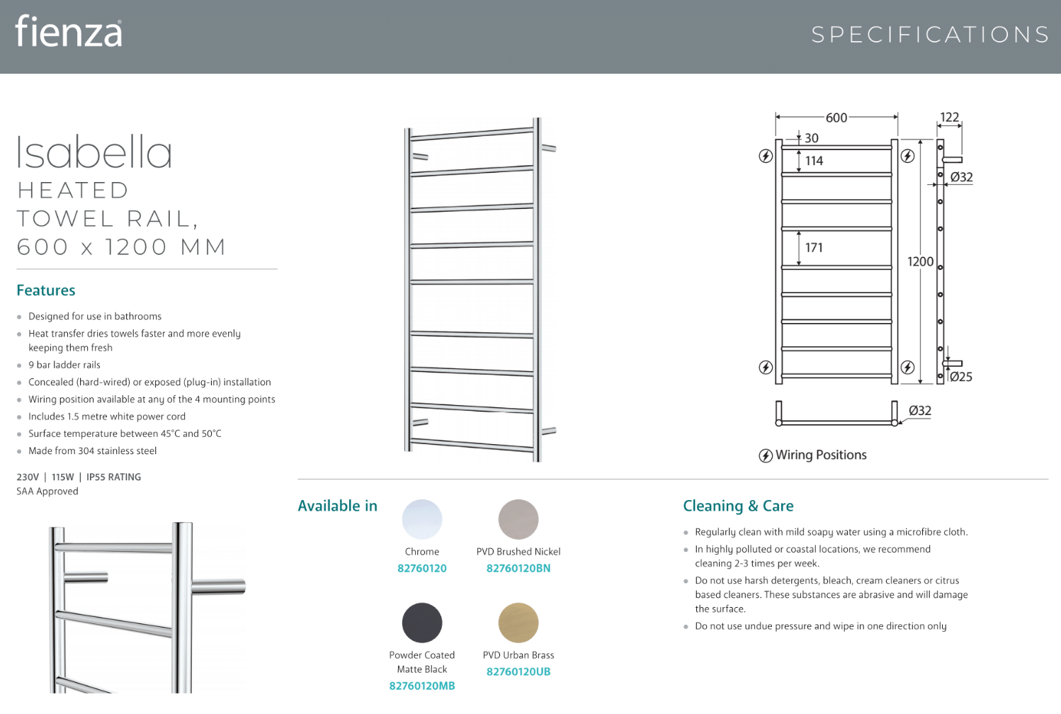 Fienza 82760120MB Isabella Heated Towel Rail - 600 x 1200mm Matte Black Bathroom Towel Warmer for Spa, Luxury Home & Hotel Use