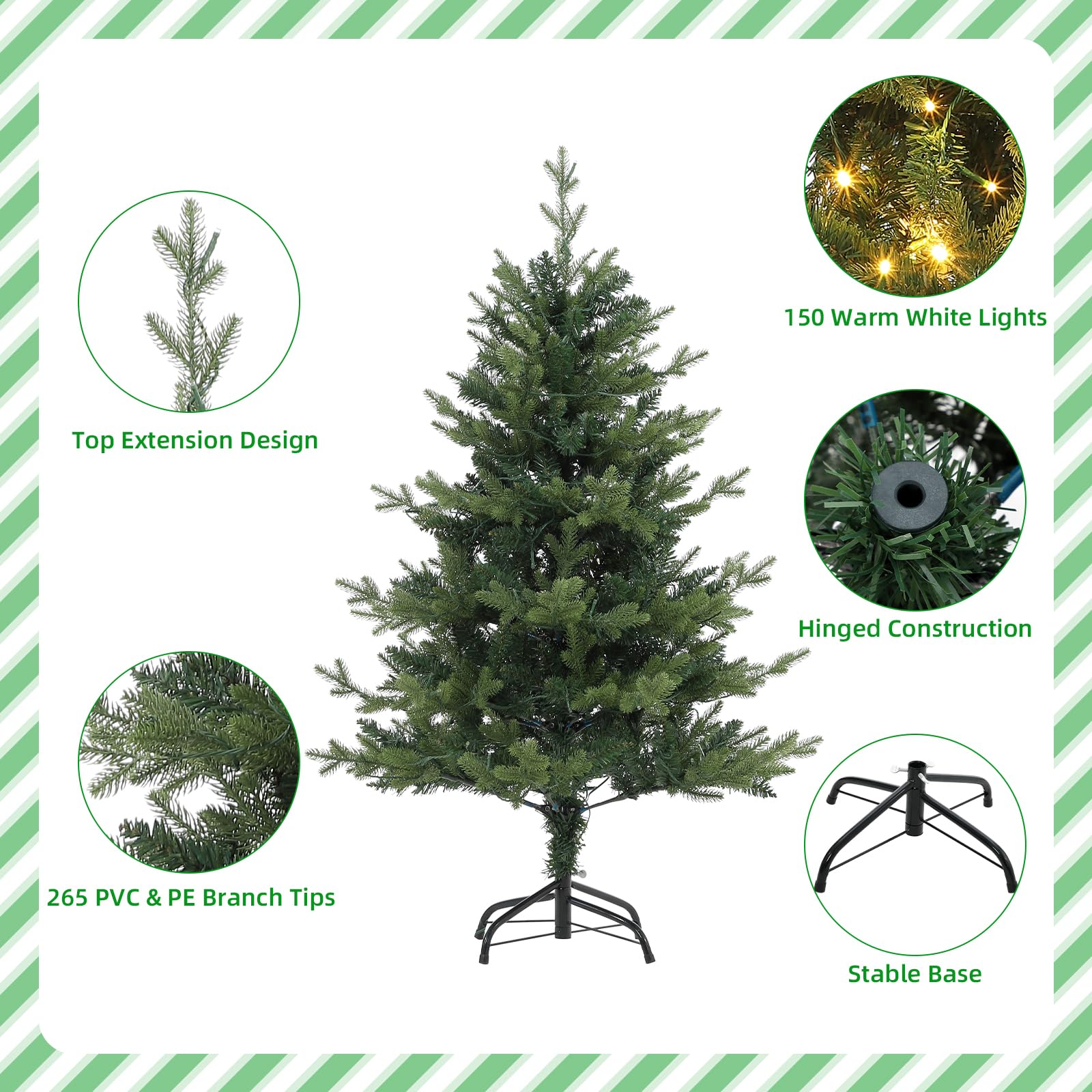 GARVEE 4 Ft Pre-Lit Artificial Christmas Tree with 150 Warm White LED Lights | 265 Branch Tips | Easy Assembly Indoor/Outdoor Holiday Decor for Home, Office & Party