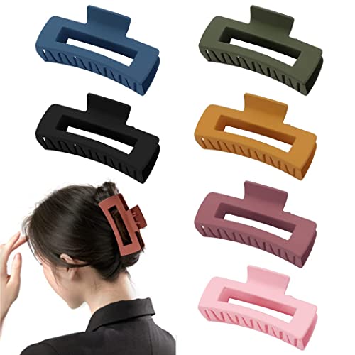 BAKEFY Women's Thick Rectangle Claw Clip - 6 Pack Strong Hold Matte Hair Clips for Women & Girls - Jumbo Banana Clips for Ponytails, Buns & Updos - Fashion Hair Styling Accessories for Everyday & Special Occasions