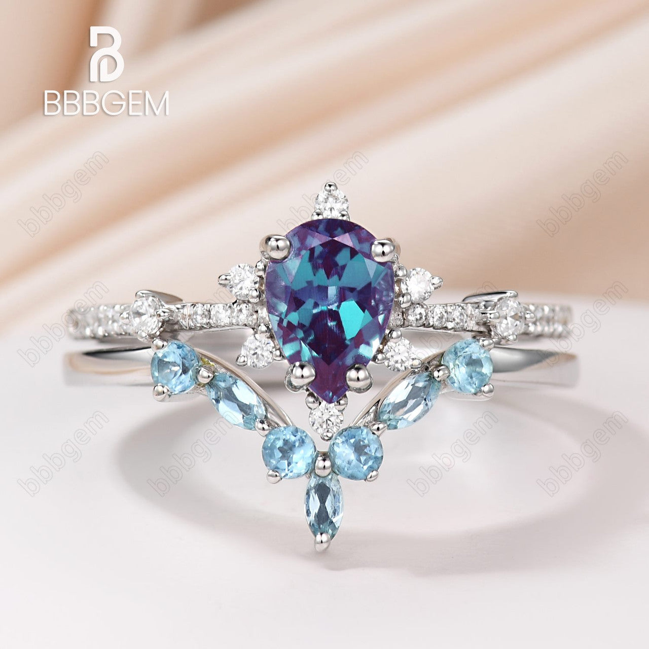 Exquisite Pear Cut Alexandrite Engagement Ring with Curved Topaz Matching Band - Perfect for Proposals, Anniversaries & Special Occasions