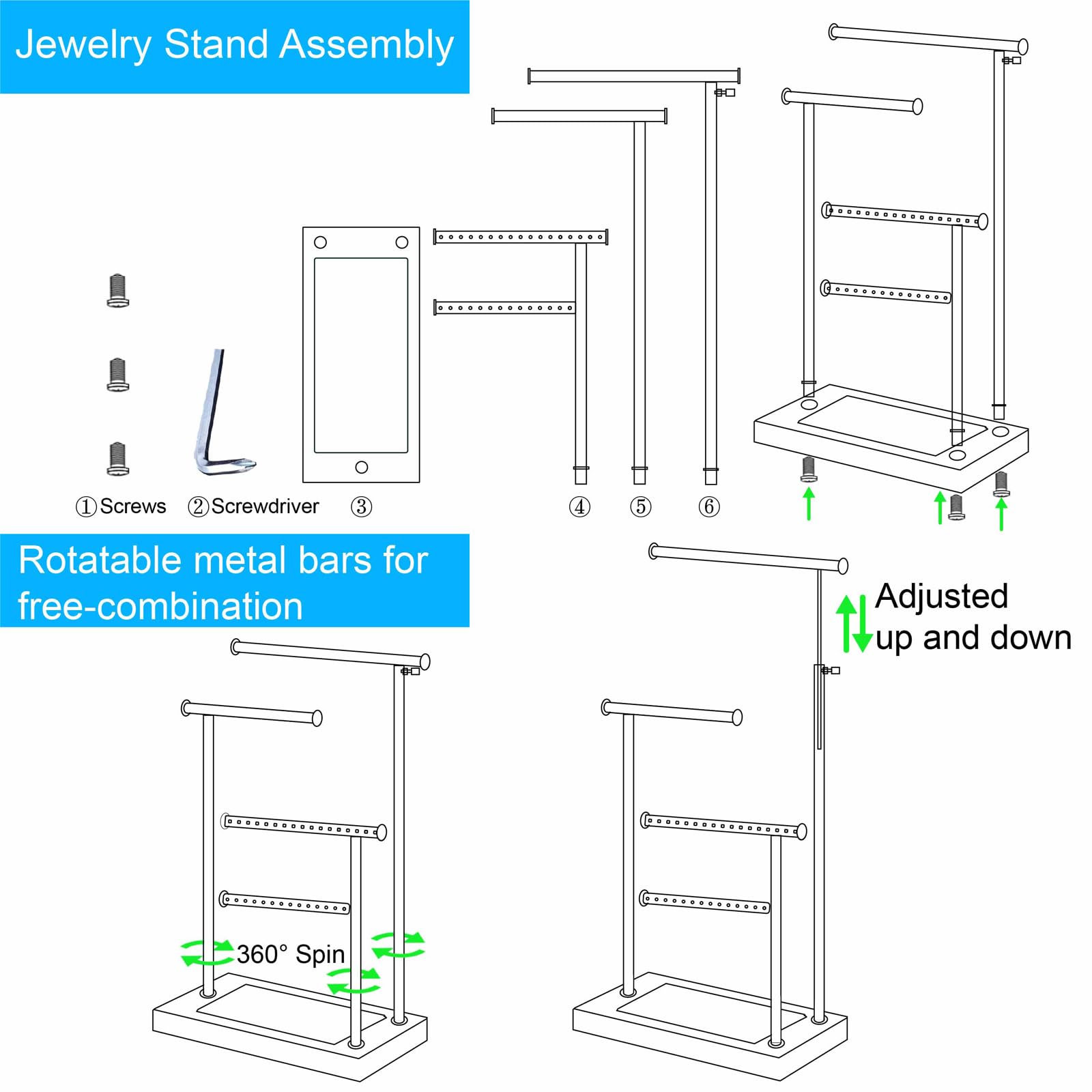 Premium 4-Tier Jewelry Stand Organizer - Adjustable Necklace & Earring Holder Display (20