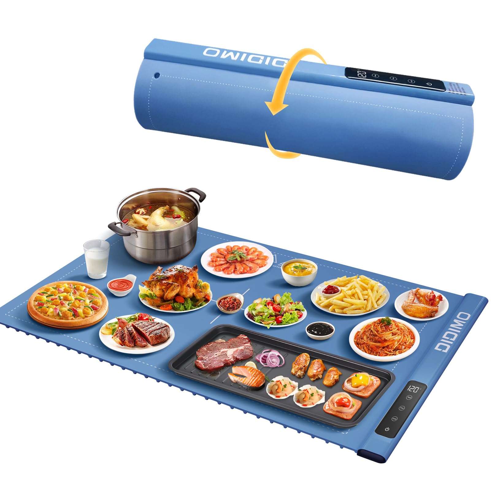 Premium Electric Warming Tray for Food - 17 Adjustable Temperature Settings & Timer, Rollable Portable Silicone Heating Mat with Auto Shut-Off & Lock - Perfect for Buffets, Parties, Catering & Home Dining (Blue)