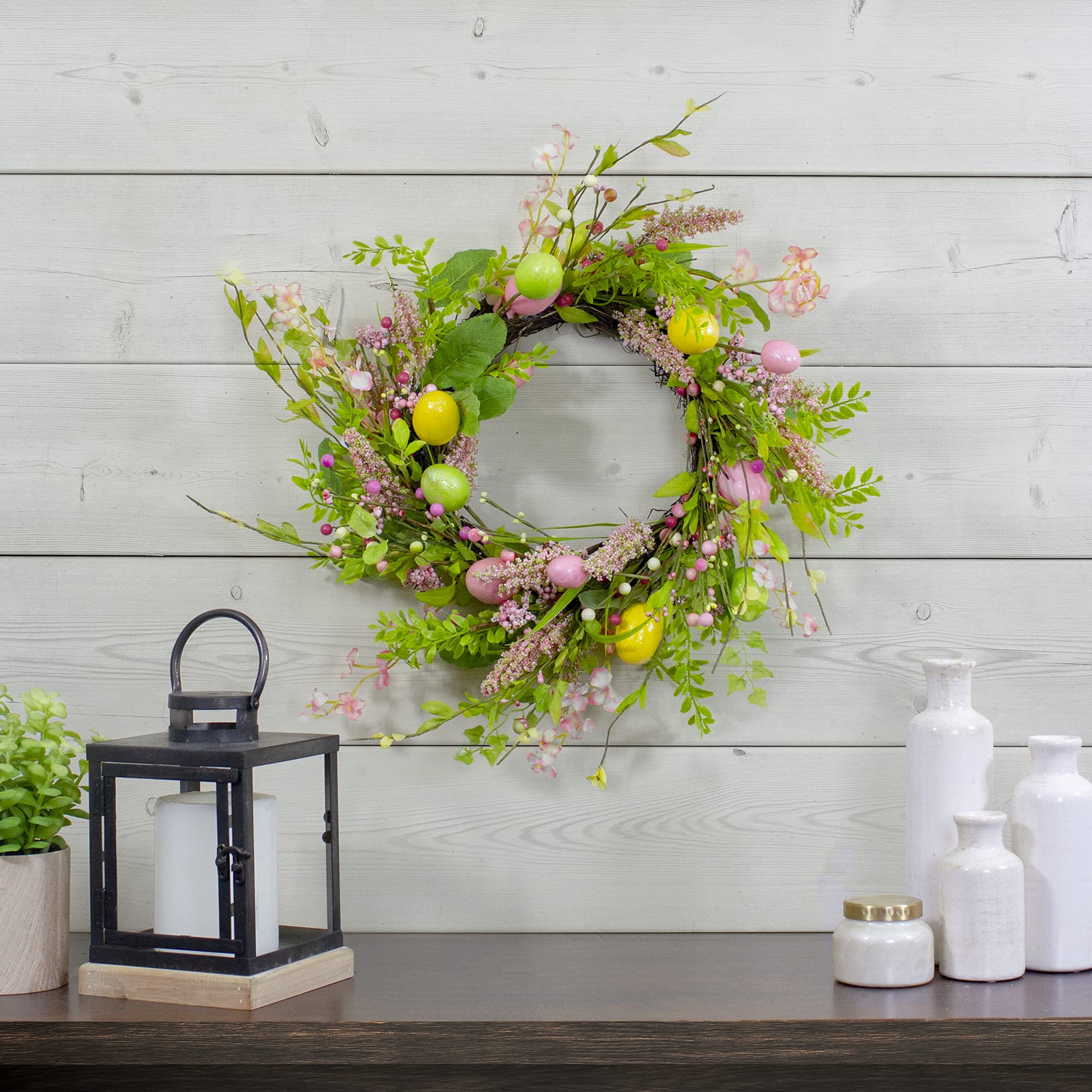 Easter Egg Decor with Berry Floral Spring Wreath - Pink & Green 20 Inch - Perfect for Spring Home Decor, Easter Party, and Seasonal Door Hanging