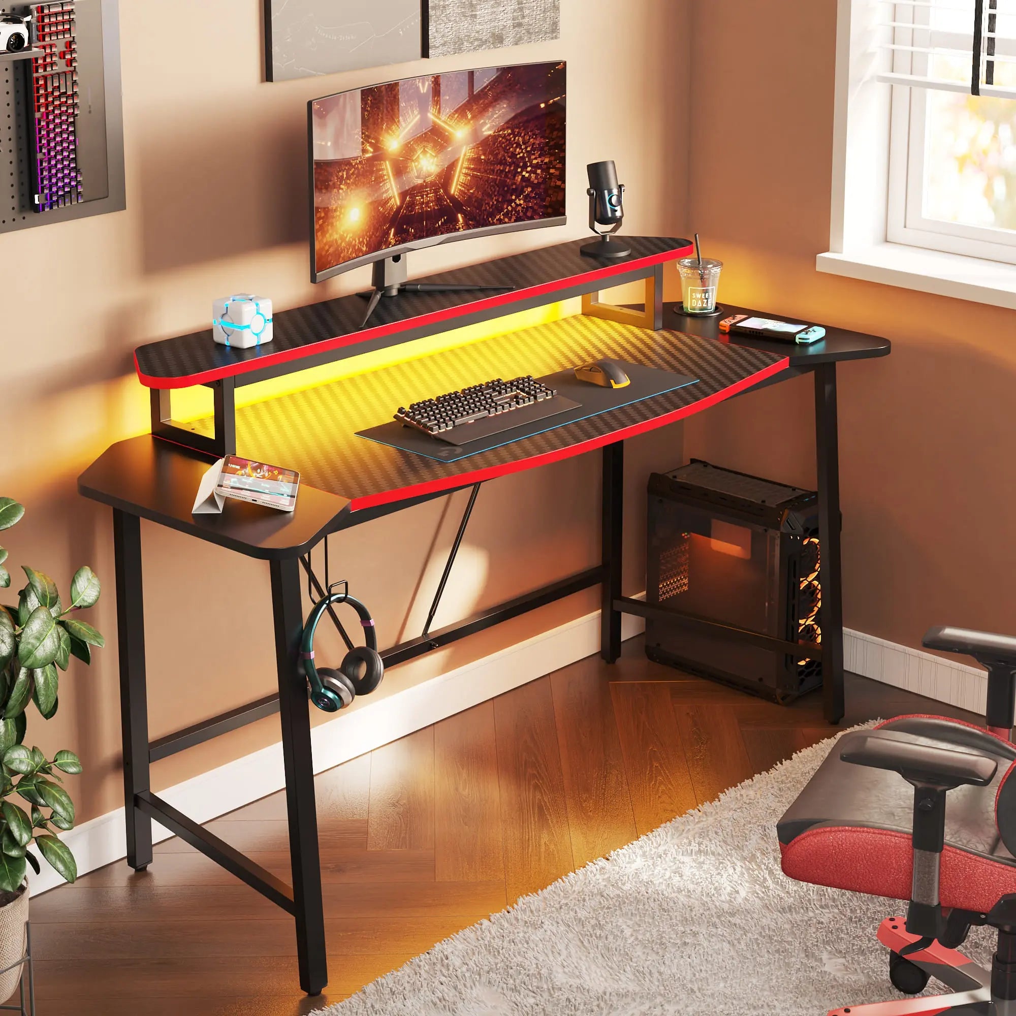Bestier 63 Inch LED Gaming Desk with Monitor Stand & Headphone Hook - Ergonomic Computer Desk for PC Gaming Setup, Home Office & Streaming Station