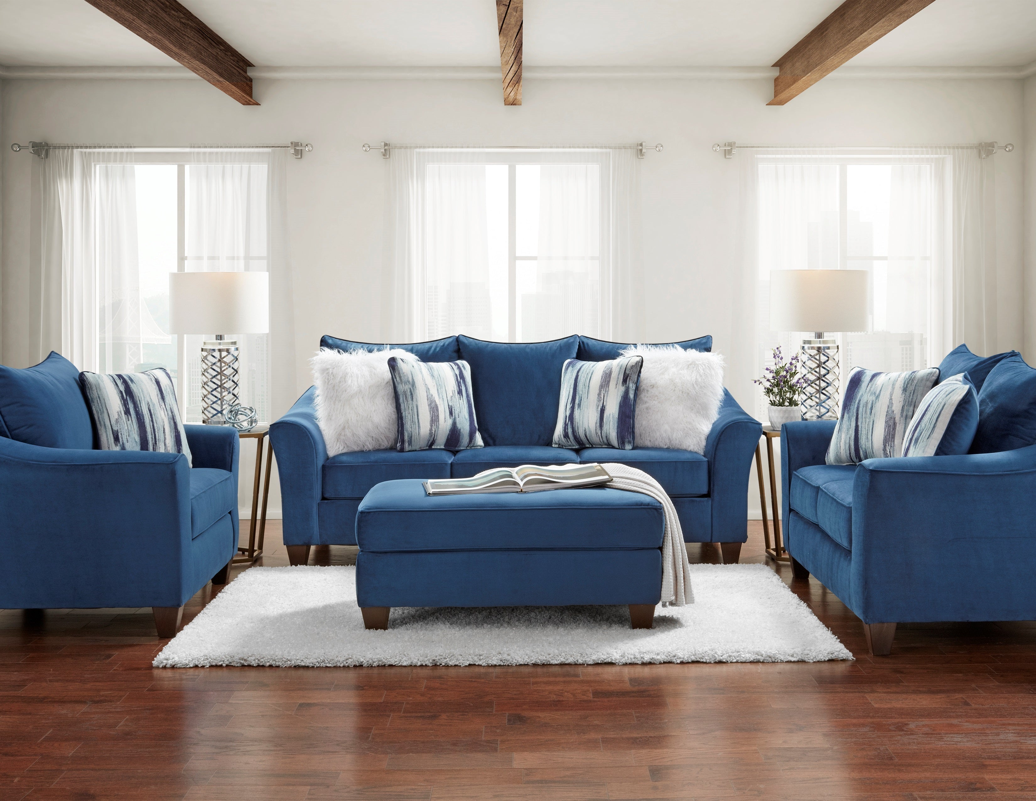 Navy Blue Camero Fabric Pillowback Loveseat - Comfortable Small Sofa for Living Room, Apartment & Cozy Spaces