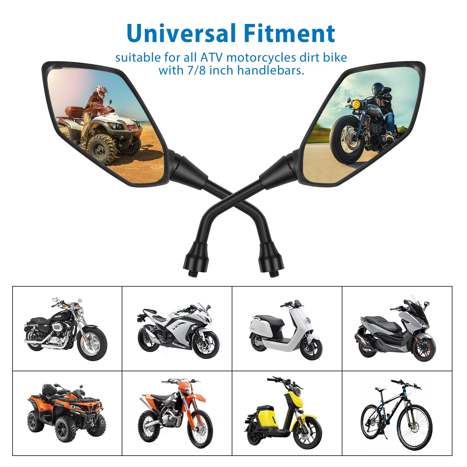 ATV Mirror & Motorcycle Side Mirrors - 8mm/10mm Bolt & 7/8