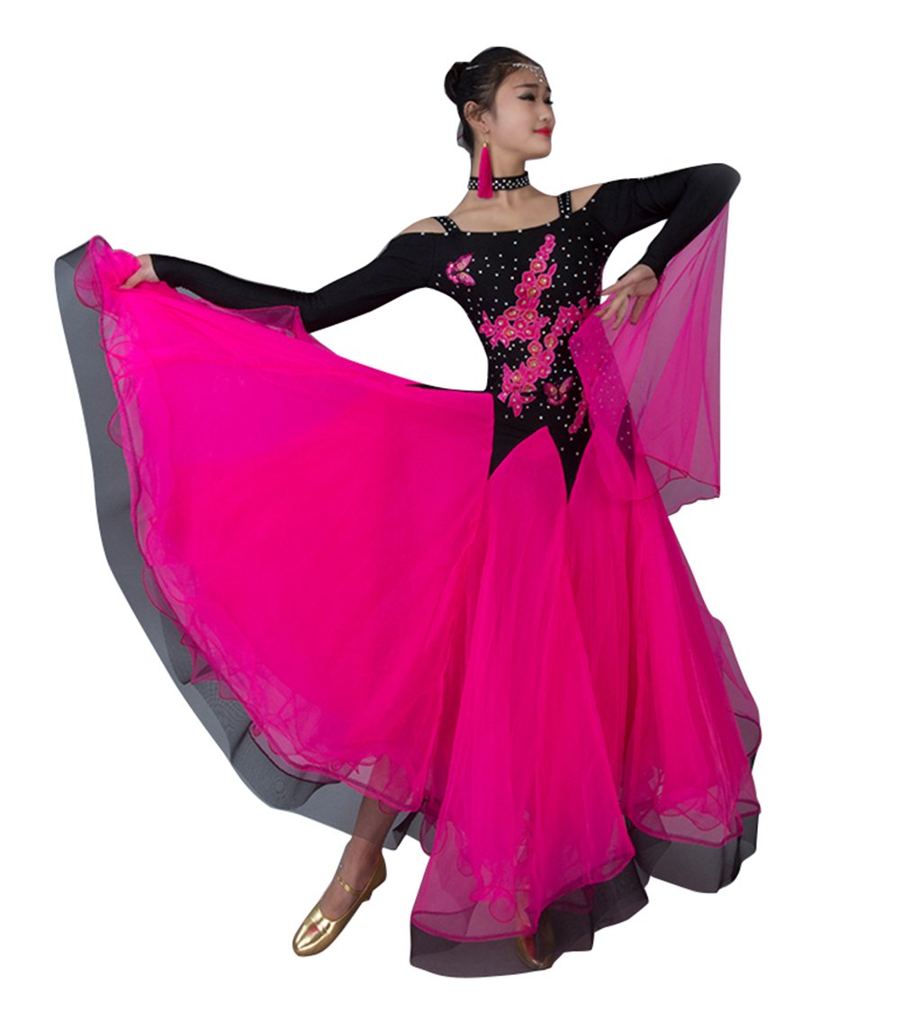 Elegant Women's Modern Waltz Tango Smooth Ballroom Dance Dress - Standard Competition Dress (Rose Red, Size 2XL) for Professional Dancers & Social Ballroom Events
