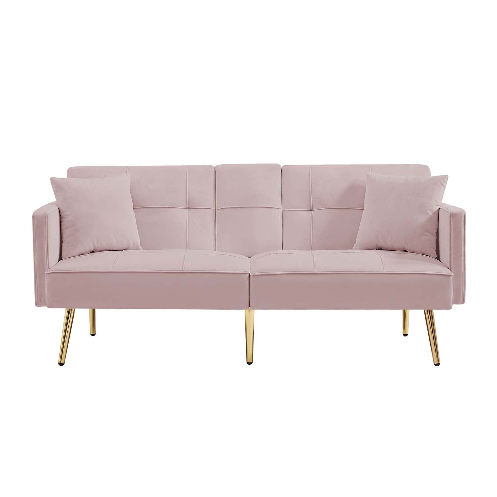 69'' Velvet Futon Sofa Bed - Modern Convertible Folding Sleeper Couch with Cup Holders & 2 Pillows, Pink Loveseat for Living Room, Apartment, Office - Perfect for Small Spaces, Guest Rooms & Multi-Functional Furniture Needs