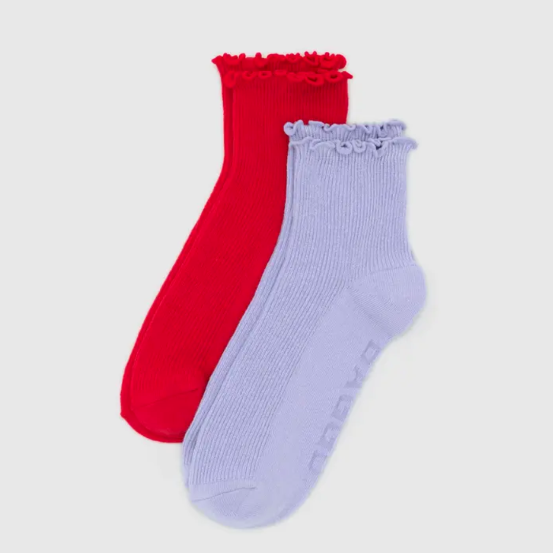 BAGGU Lettuce Edge Socks Set of 2 - Soft & Comfortable Women's Ankle Socks in Lavender & Red | Perfect for Yoga, Running & Everyday Wear