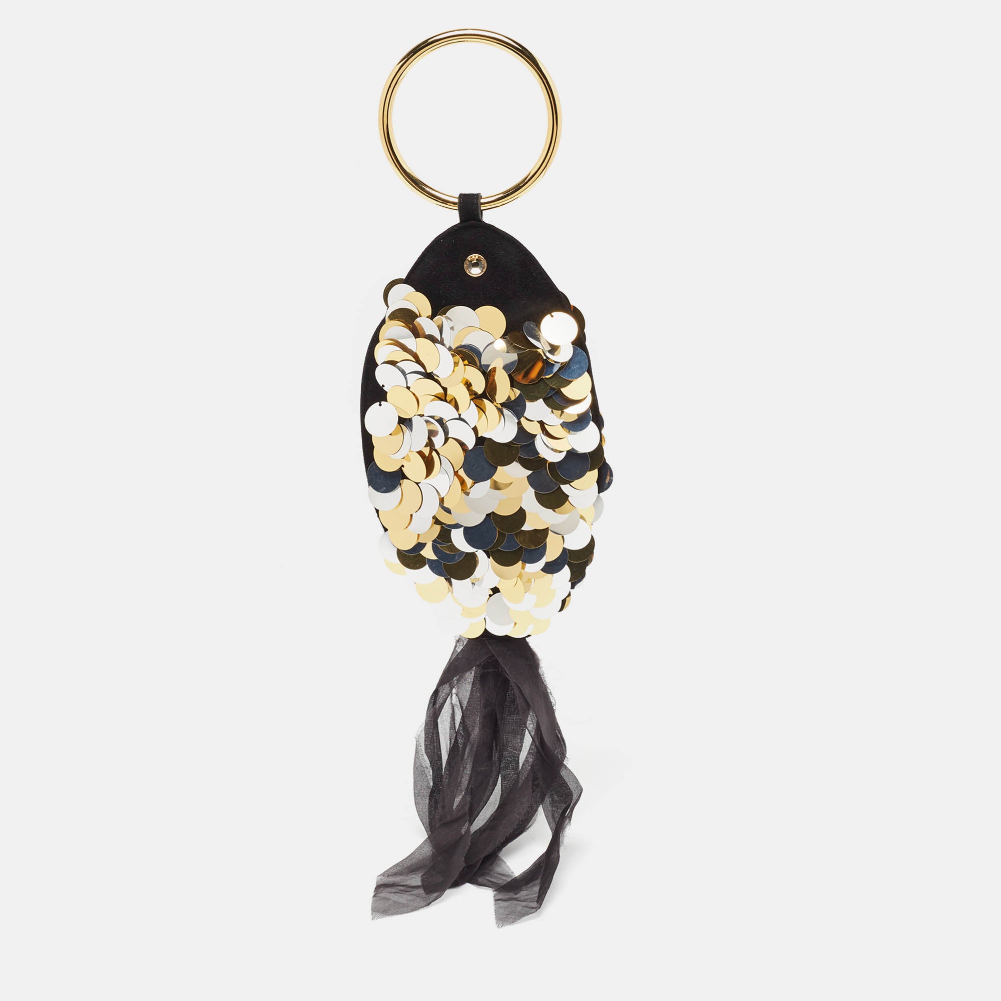 Black Alcantara Sequins Goldfish Pouch - Elegant Clutch Wallet for Women, Perfect for Parties, Weddings & Evening Events