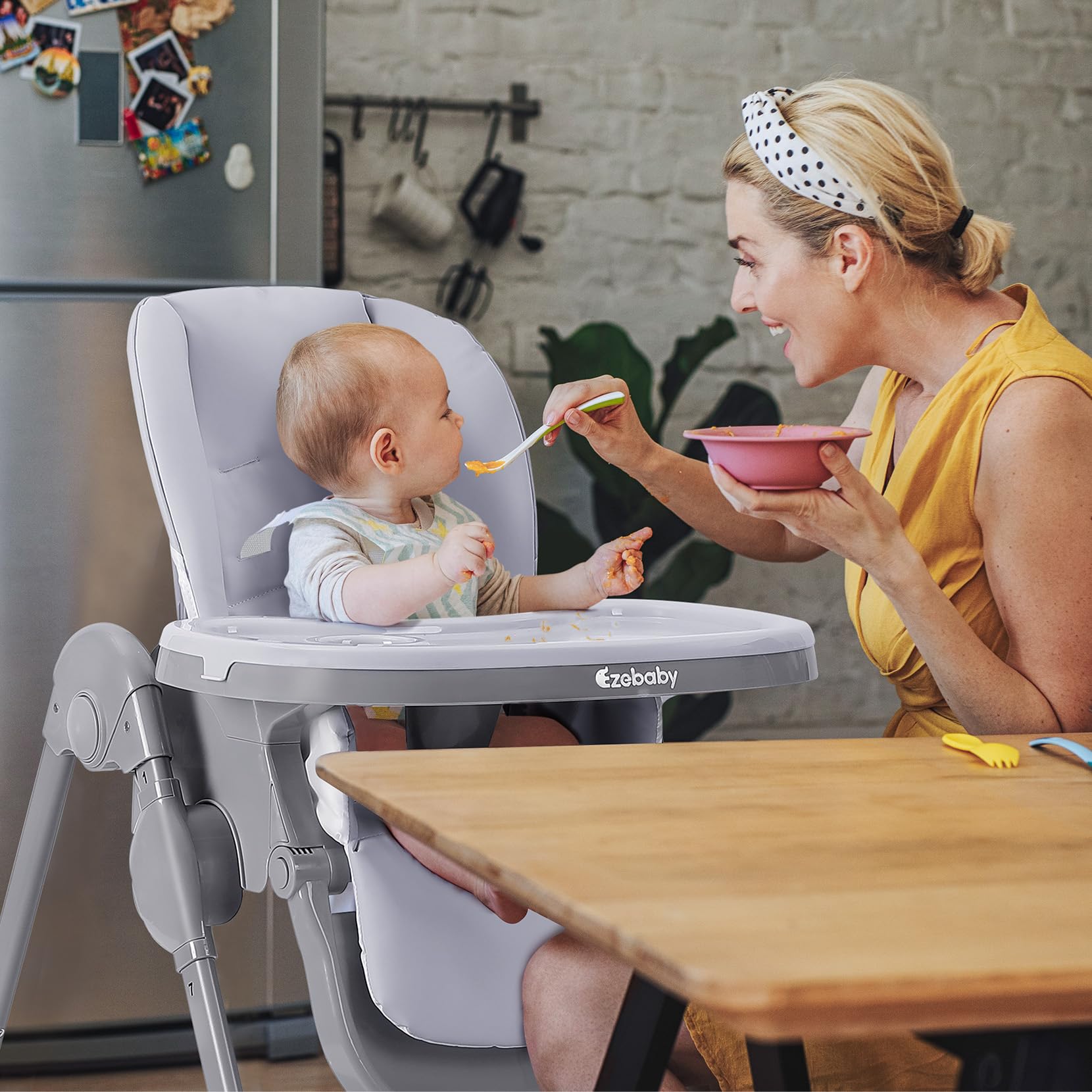 Ezebaby Adjustable Baby High Chair with Recline - Foldable, Convertible 2-in-1 Dining Booster Seat, Portable Toddler Chair with 4 Wheels & Toy Tray - Gray | Perfect for Home, Restaurants & Travel