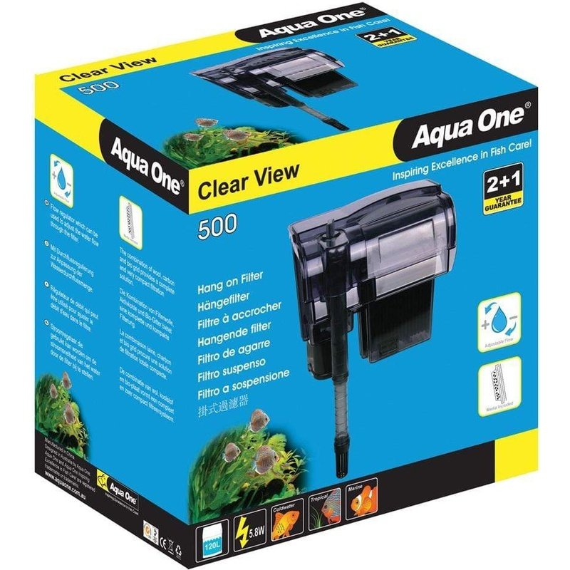 Aqua One ClearView 500 Hang On Back Filter for Aquariums - 120L Capacity, 500L/h Flow Rate - Perfect for Freshwater & Saltwater Fish Tanks, Turtle Habitats & Aquatic Plants