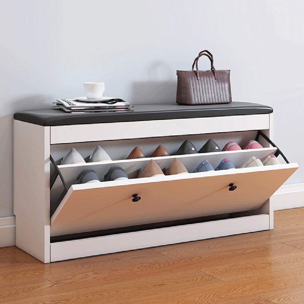 White Shoe Storage Bench with Flip-Drawer - Wooden Shoe Rack Cabinet with Seat Cushion - 80CM Entryway Shoe Organizer for Hallway, Bedroom & Closet - Perfect for Small Space Organization & Shoe Display
