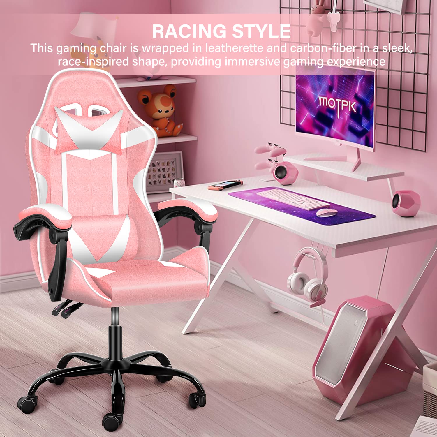 Pink Gaming Chair for Big and Tall Gamers - Racing Style Ergonomic Office Chair with Adjustable Height, Swivel, Headrest & Lumbar Support - Perfect for PC Gaming, Streaming & Home Office Setup