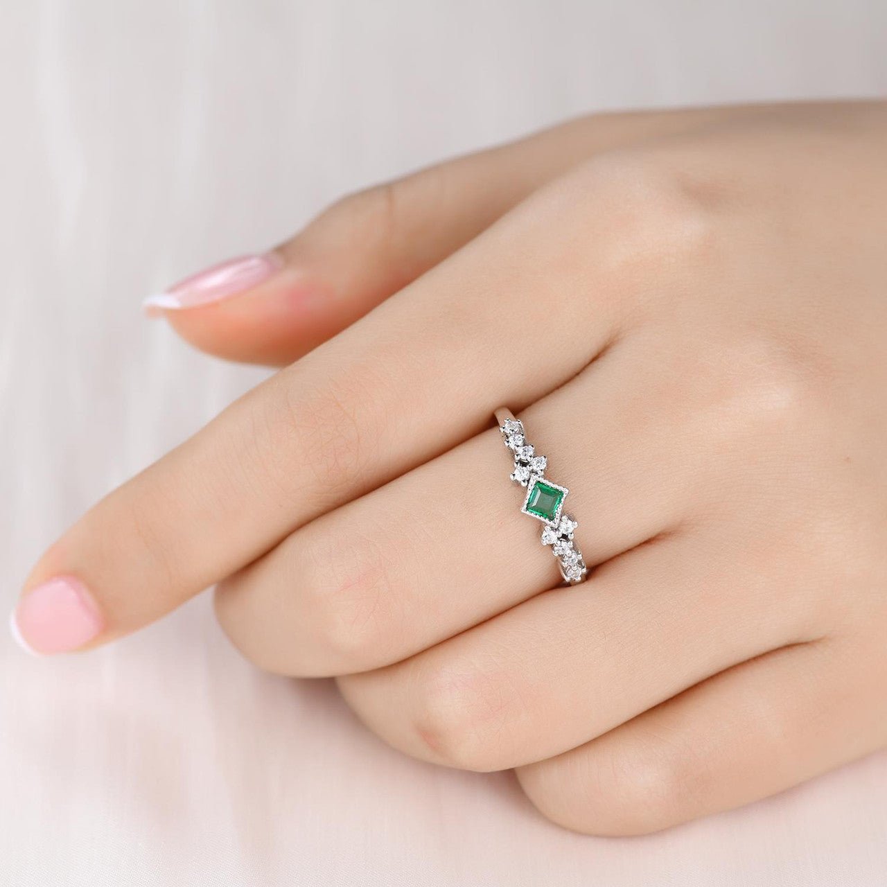3.5mm Natural Emerald Square Cut Ring for Women - 14K White Gold Minimalist Everyday Jewelry - Perfect for Daily Wear, Office & Special Occasions