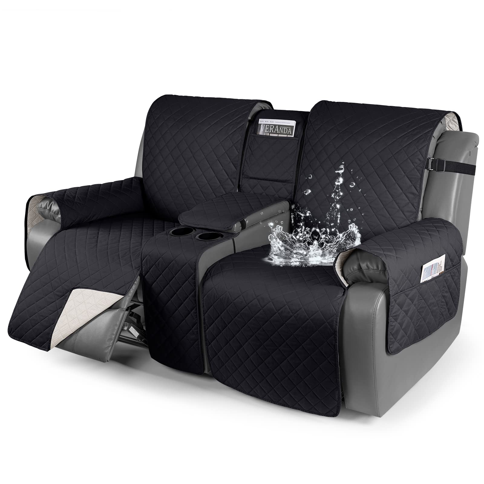 **KinCam 100% Waterproof Recliner Loveseat Cover – Stretchable Furniture Protector with Elastic Straps for Reclining Sofa & Motion Couch (Black) – Perfect for Pets, Kids & Spill Protection**