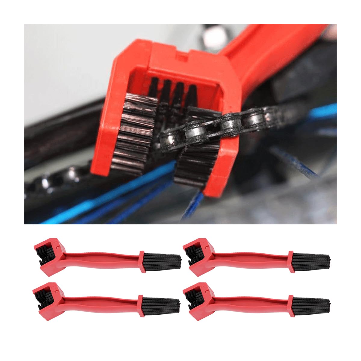 BESULEN 4-Pack Bike & Motorcycle Chain Cleaning Brushes - Heavy Duty Chain Cleaner Tool for Bicycle Lubrication, Wheel Maintenance & Dirt Removal - Perfect for Mountain Bikes, Road Bikes & Motorcycles - Ideal for DIY Bike Maintenance & Off-Road Riding