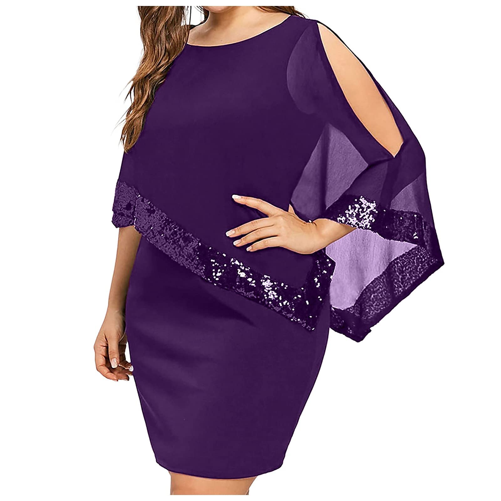 Elegant Plus Size Women's Fall Dresses - Cold Shoulder Chiffon Strapless Dress with Asymmetric Sequins Overlay | Perfect for Casual Outings, Date Nights & Special Occasions