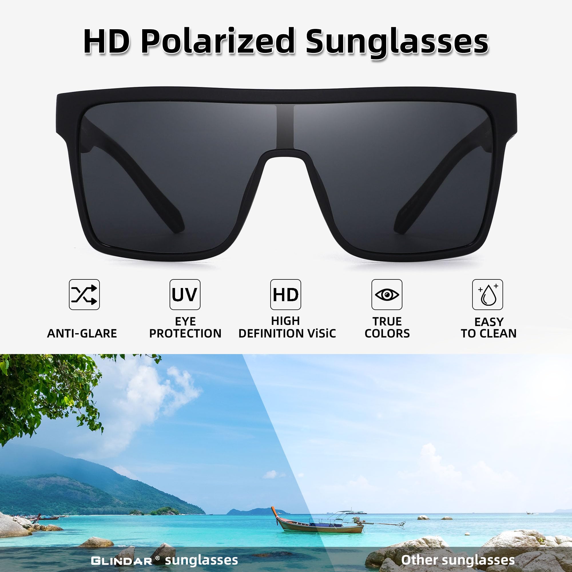 GLINDAR Polarized Square Sunglasses for Women & Men - Oversized Flat Top Shield Sports Glasses for Running, Cycling, Driving & Outdoor Activities