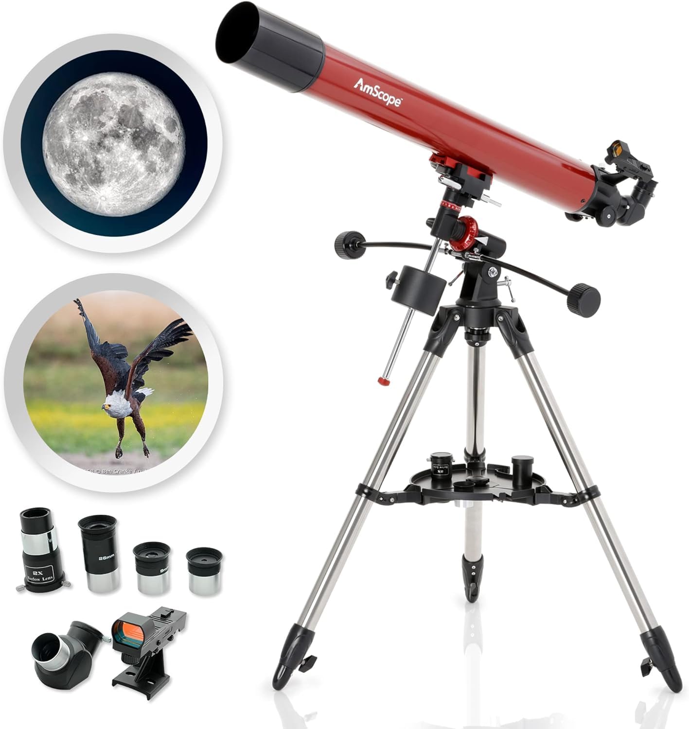 AmScope 80mm Aperture Refractor Telescope with Equatorial Mount - 900mm Focal Length Astronomy Telescope with Stainless Steel Tripod & Red Dot Finder - Perfect for Stargazing, Astrophotography and Celestial Observation
